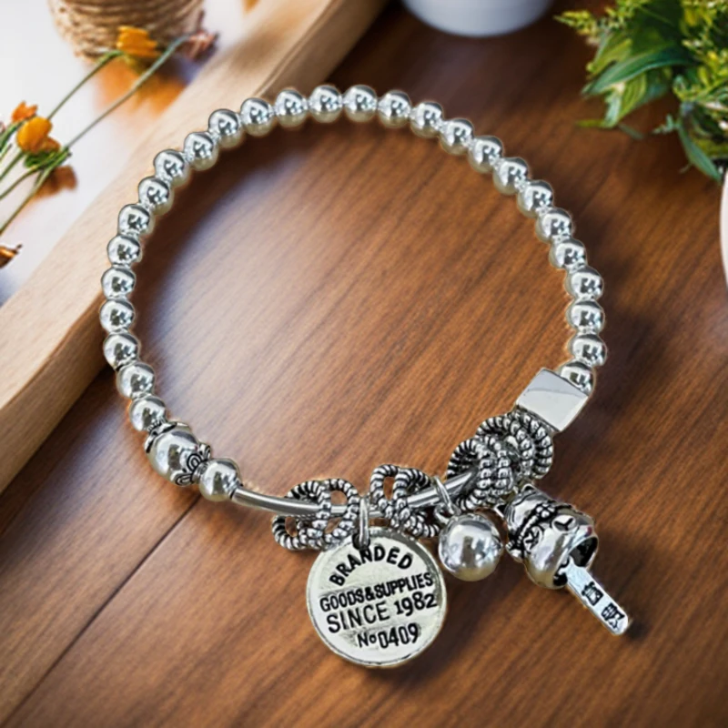 足银手链 韩版手工招财猫弹力女女王个性古风时尚招财转运银手串.