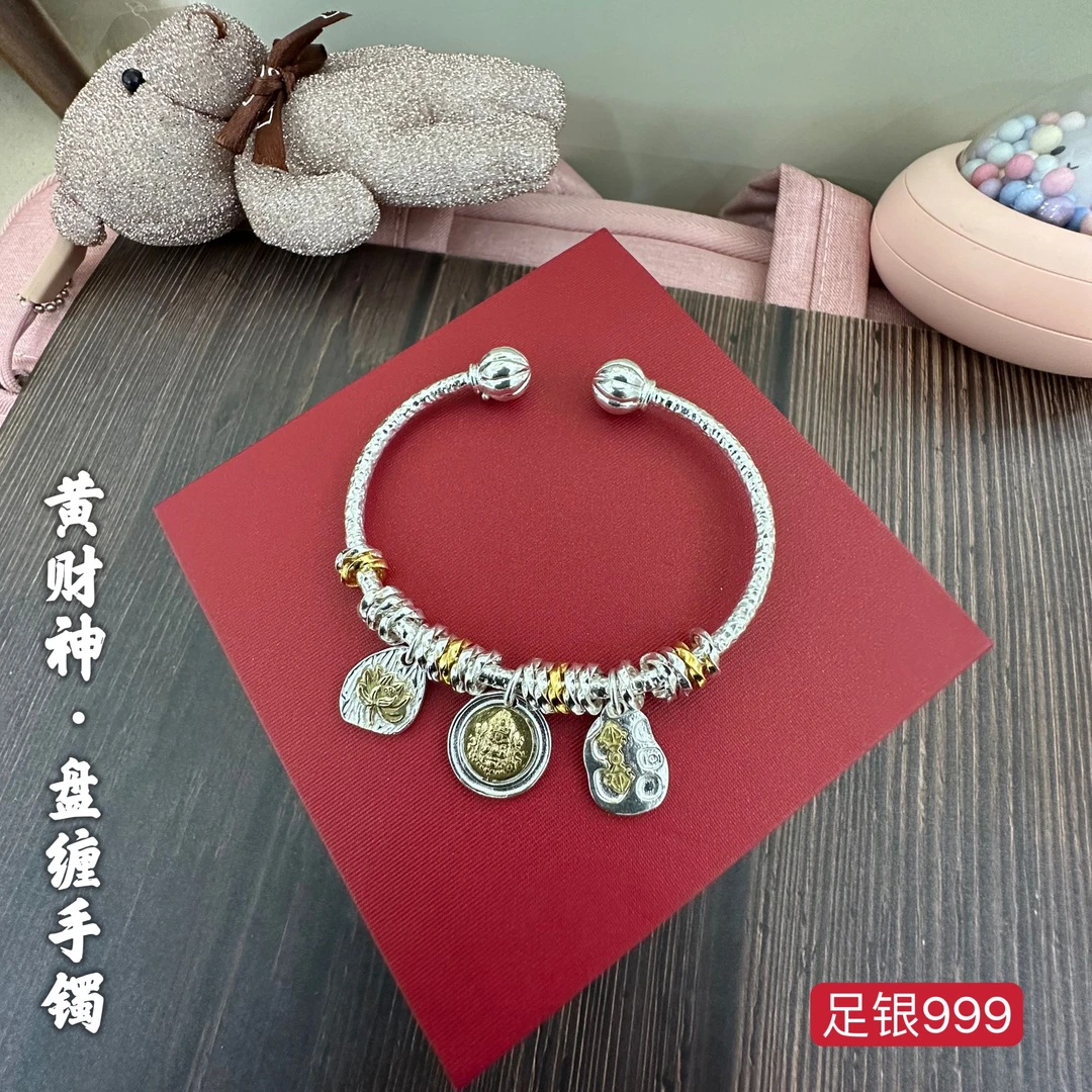 足银手镯 盘缠银手镯足银999黄财神吉言个性复古手工时尚百搭小众