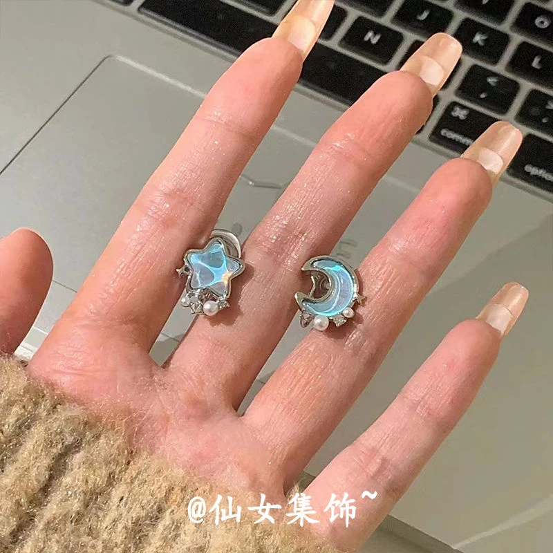 蓝色星月耳钉耳环设计感高级耳饰女无耳洞蚊香盘耳夹