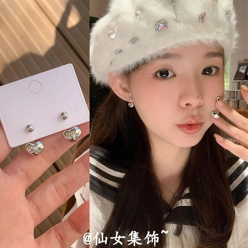 银色爱心耳钉高级感后挂式耳饰冷淡风轻奢小众甜美耳钉女