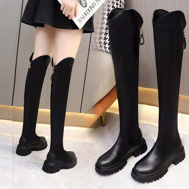 加绒长靴过膝秋冬长筒高筒靴女鞋小个子时尚百搭粗跟厚底骑士平底