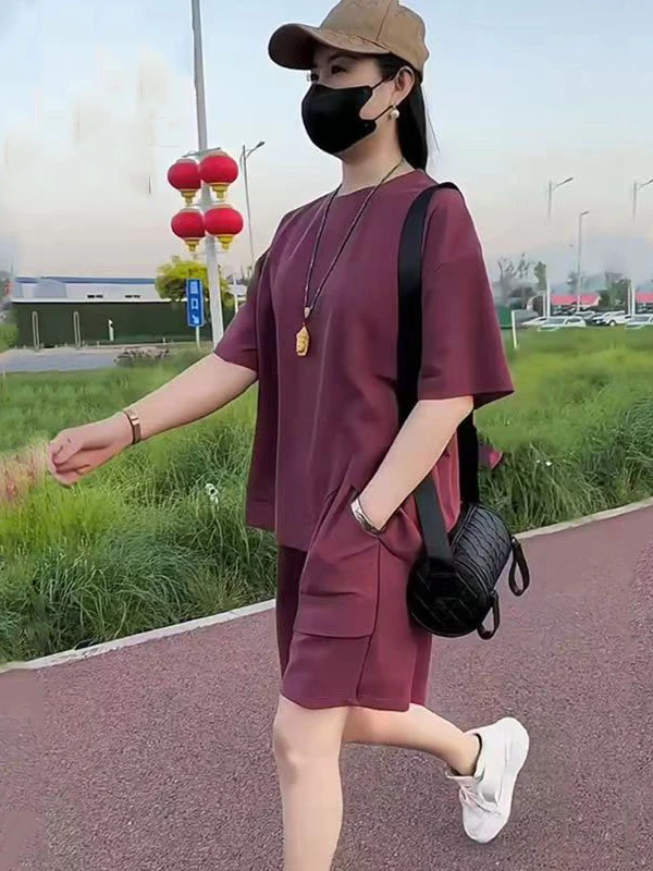 大码纯色休闲运动套装女夏季2024新款百搭短袖宽松网红时尚两件套