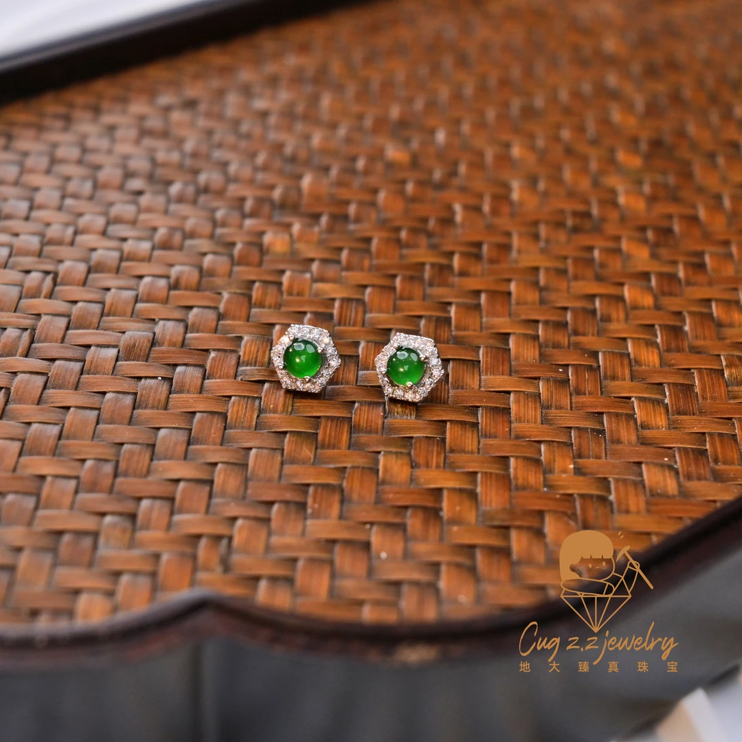 天然翡翠满绿玉石耳饰精致轻奢复古气质耳钉925银