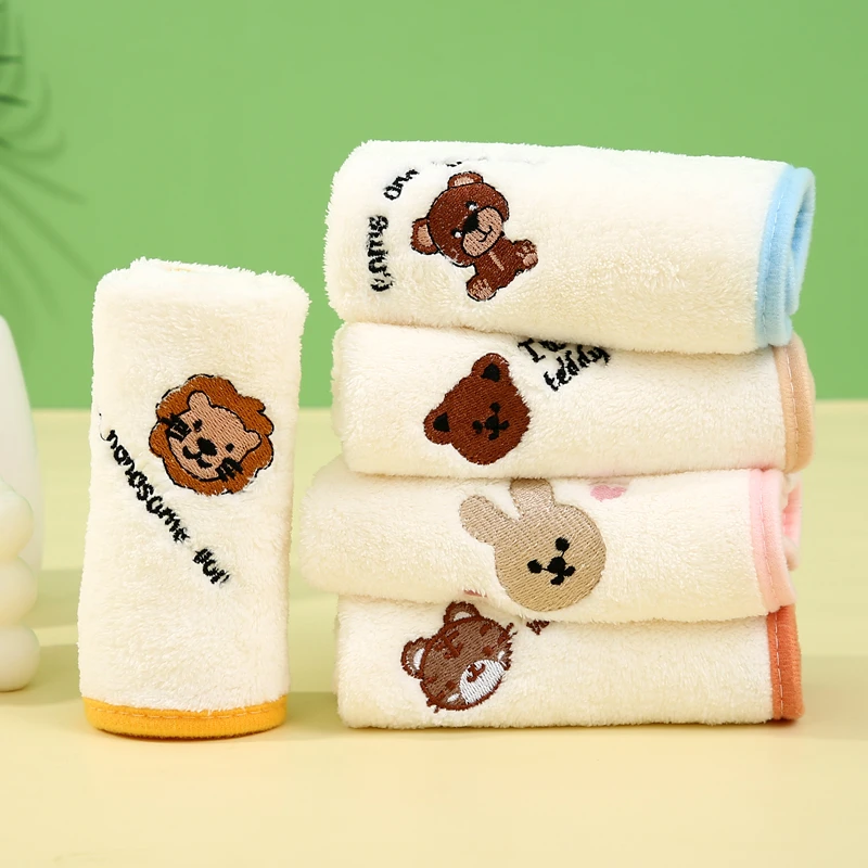 5条装超软珊瑚绒毛巾可爱卡通刺绣洗脸小方巾儿童毛巾柔软吸水