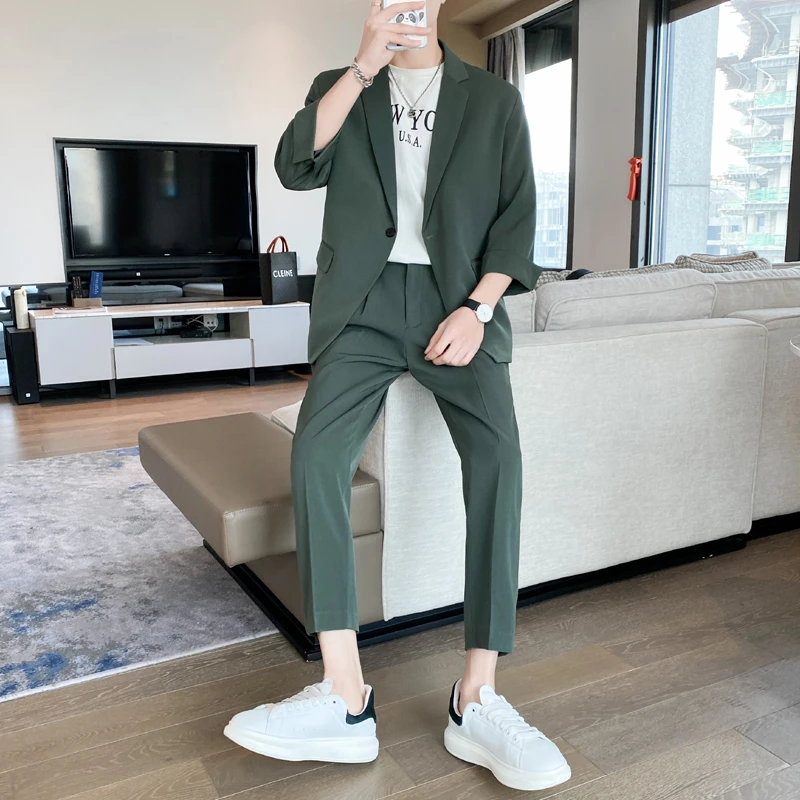 薄款小西装七分袖西装男宽松短袖高级感痞帅西服炸街九分裤套装
