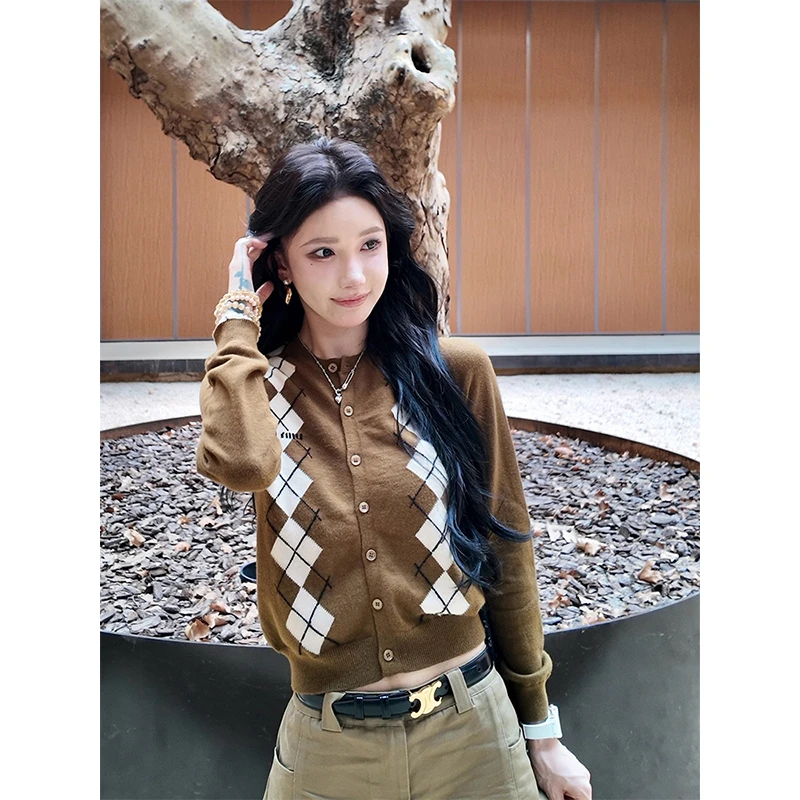 Rs6 学院风小众设计感格纹毛衣针织衫复古撞色修身款外套上衣女