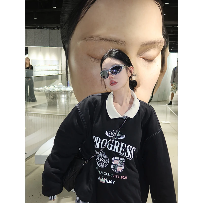 Rs6 美式学院风加绒加厚夹棉POLO领长袖卫衣秋季保暖男女情侣上衣