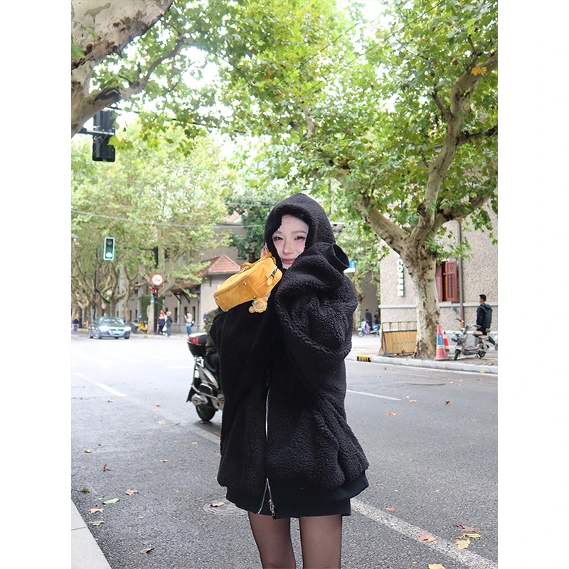 Rs6 美式复古加绒加厚羊羔绒外套男女同款简约连帽os百搭潮牌棉衣