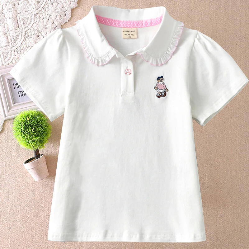 女童短袖新款纯棉上衣夏季翻领童装小熊白色T恤休闲花边POLO衫