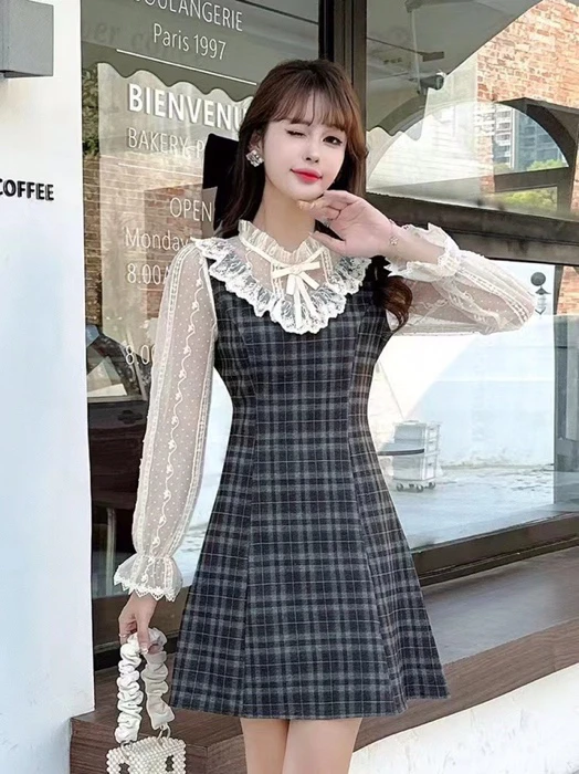 【红姐大码】319款时尚格子蕾丝拼接连衣裙修身减龄气质修身a字裙