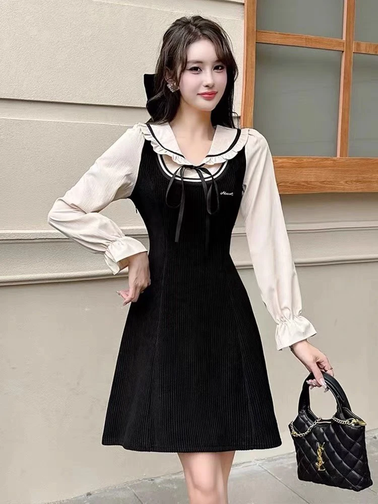 【红姐大码】251春秋款学院风小个子显瘦棉绒修身连衣裙气质裙子