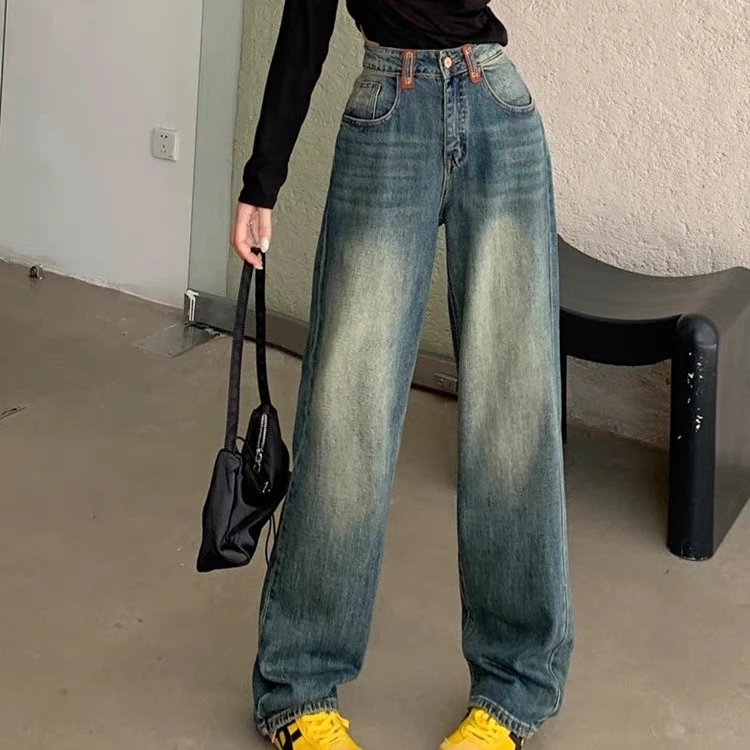 【红姐大码】562美式牛仔裤复古水洗做旧高腰宽松显瘦