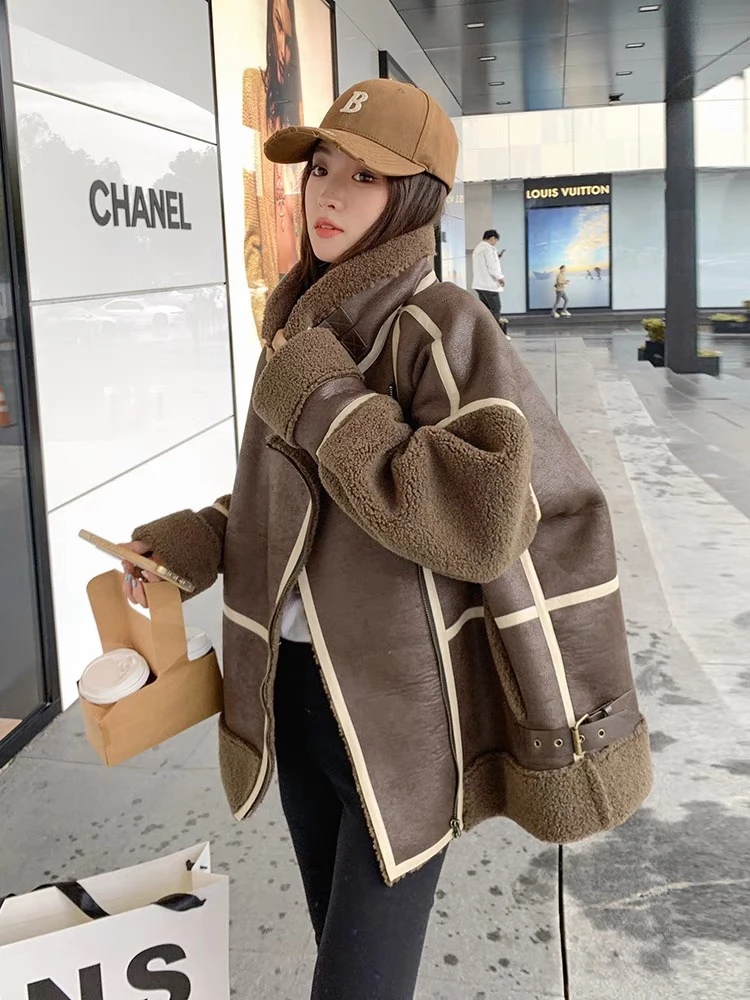 【红姐大码】气质时尚网红炸街皮毛一体加厚宽松机车服羊羔毛外套女