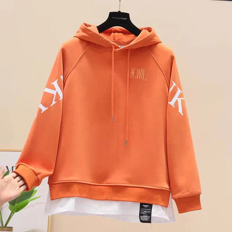 加绒加厚假两件韩版连帽卫衣ins长袖宽松秋冬大码百搭学生