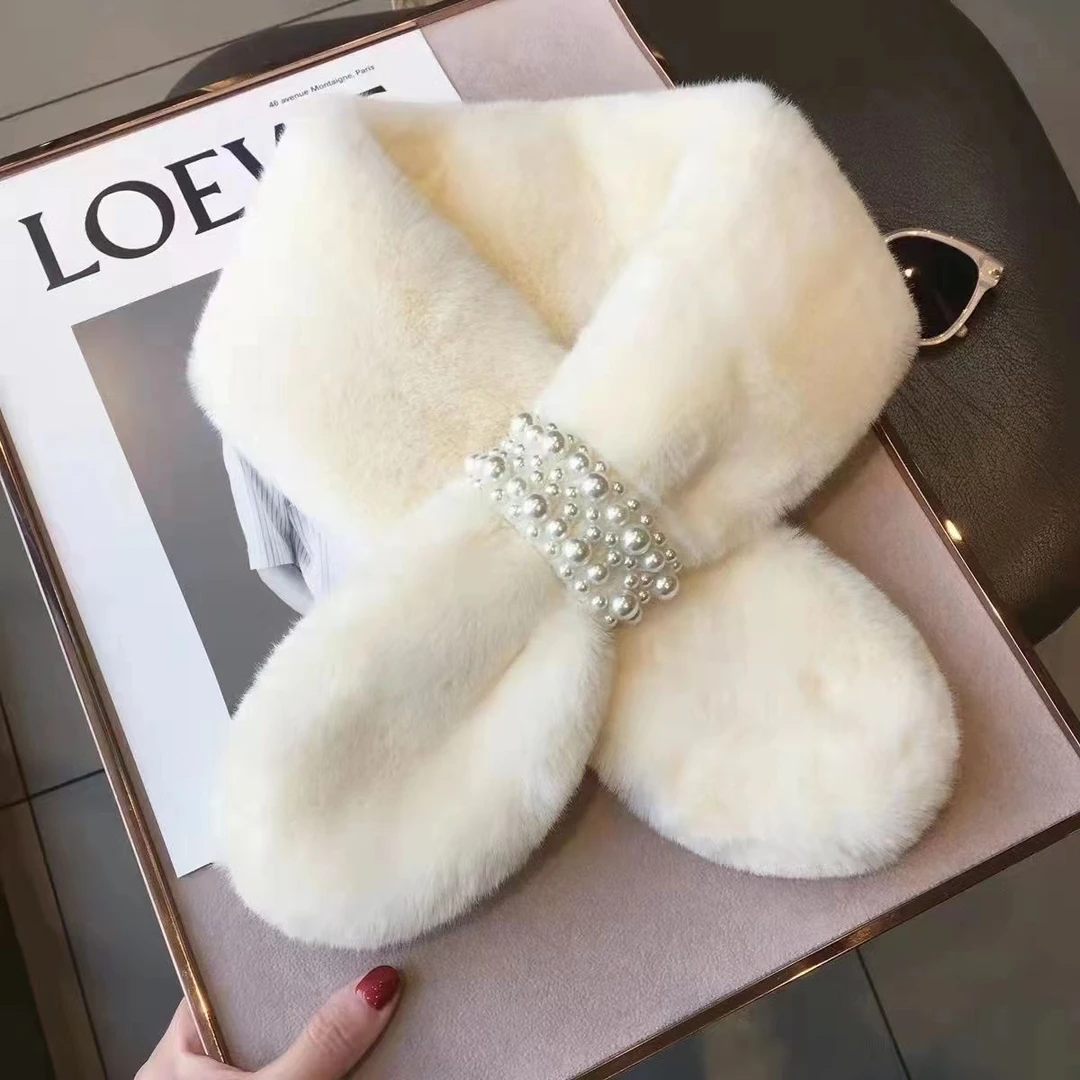 时尚毛毛围巾珍珠交叉毛绒冬款女学生围脖仿獭兔毛绒加厚交叉围脖