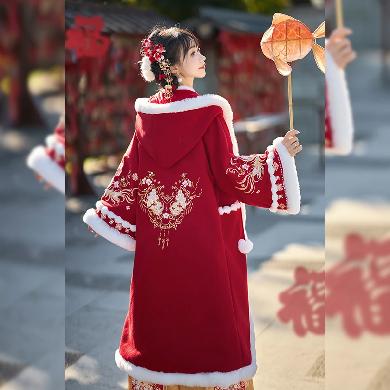 觅锦汉服新款秋冬斗篷加绒刺绣拜年服改良齐胸襦裙仙气古装