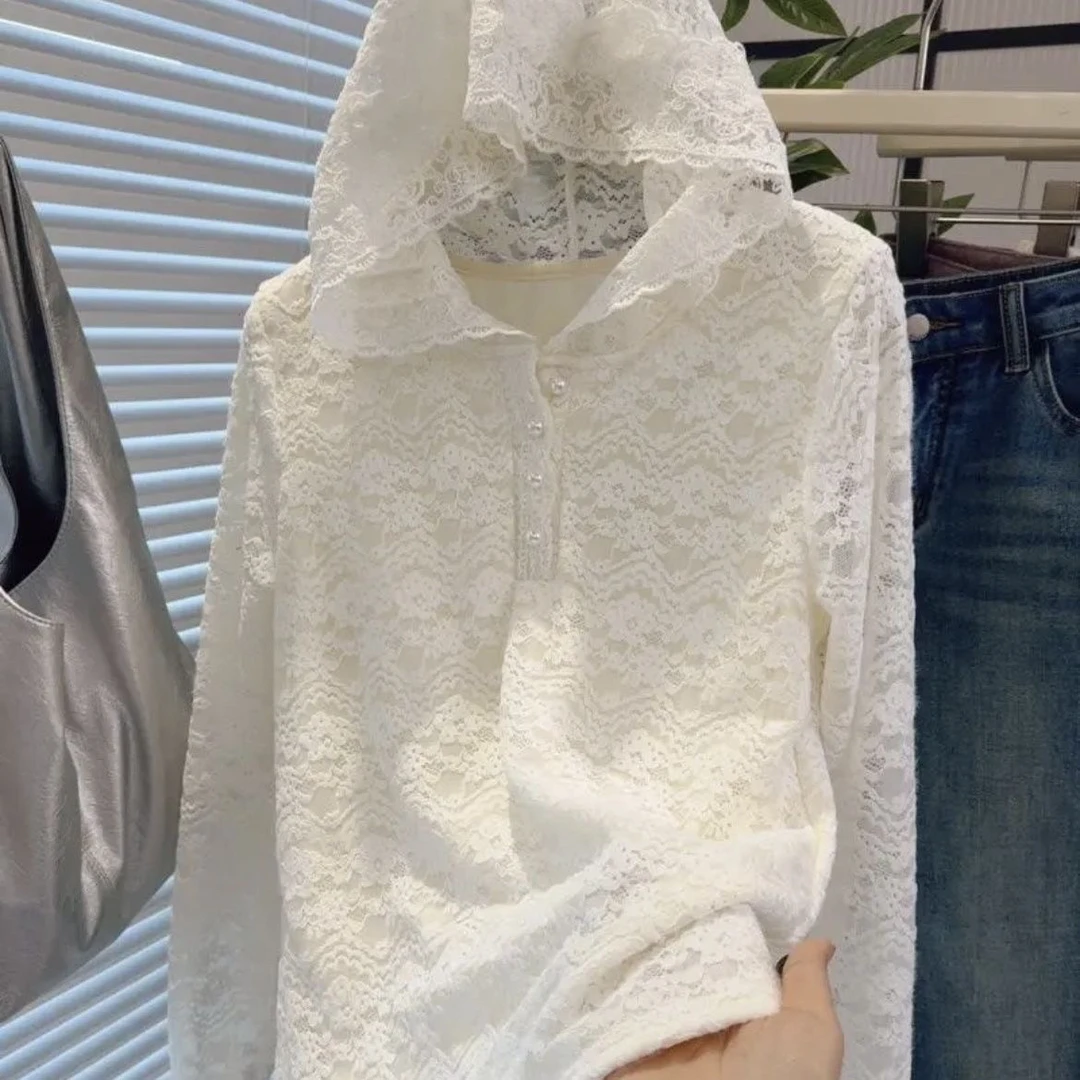 高级感拼接蕾丝花边连帽针织衫女2024新款时尚休闲叠穿加绒小帽衫