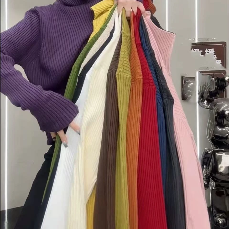 堆堆高领竖条针织毛衣简约纯色打底