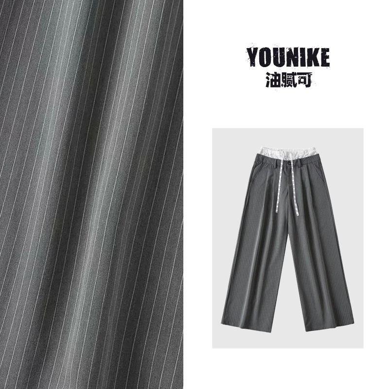 油腻可 美式复古蕾丝拼接条纹阔腿直筒裤女高腰抽绳宽松休闲长裤
