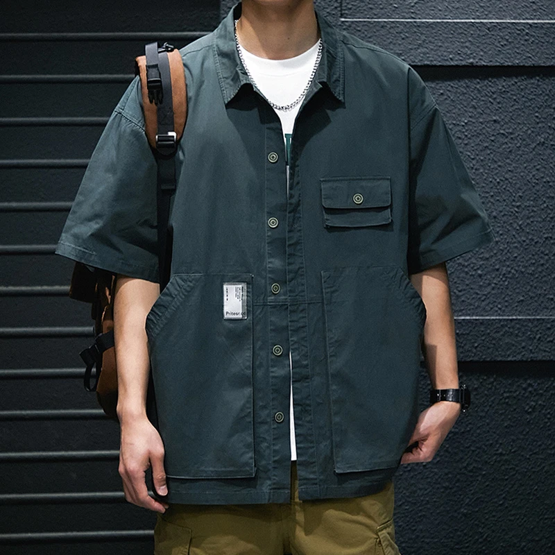 美式潮牌工装衬衫男短袖夏季薄款ins重磅机能风帅气休闲衬衣男士