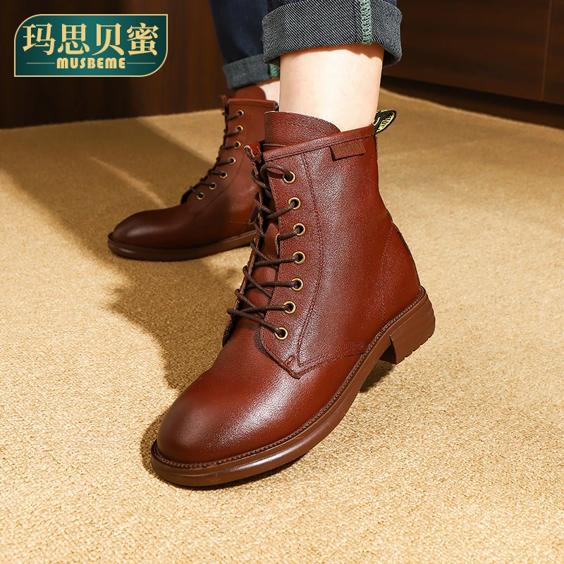 玛思贝蜜秋冬中年妈妈鞋真皮软底皮鞋中跟防滑靴子低跟加绒短靴子