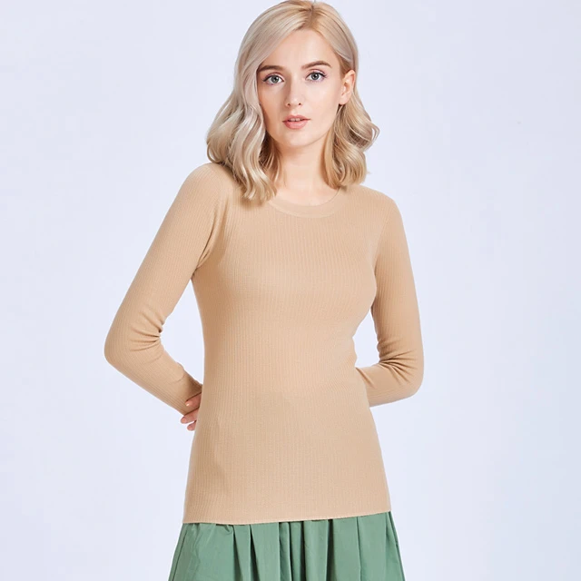 秋冬显瘦竖条羊毛打底衫长袖修身纯色圆领保暖针织时尚百搭31053