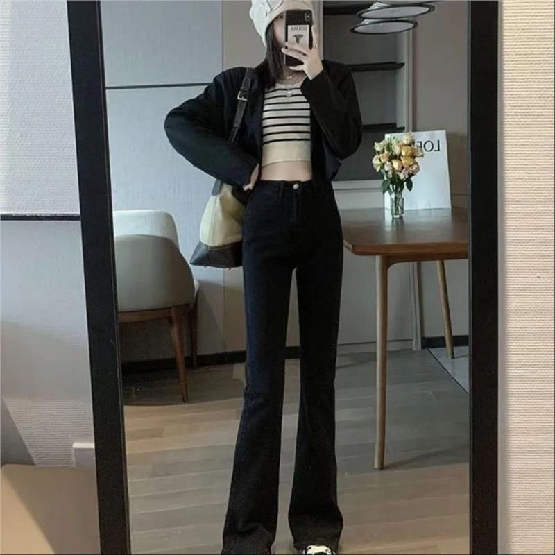djatm加绒黑色微喇牛仔裤女高腰显瘦秋冬新款8819xs