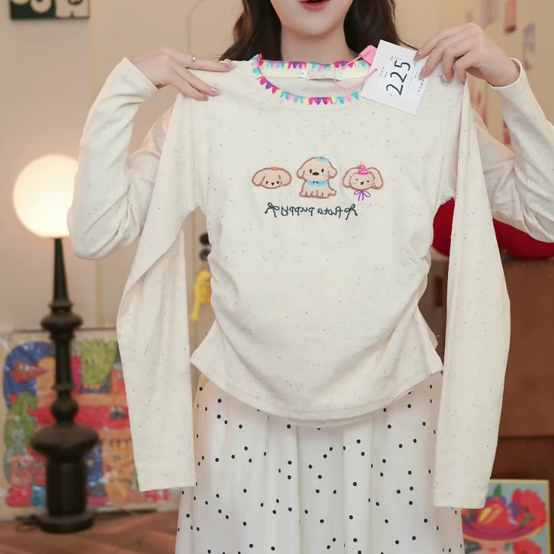 植绒毛巾绣可爱卡通小狗长袖女撞色圆领正肩t恤收腰短款内搭上衣