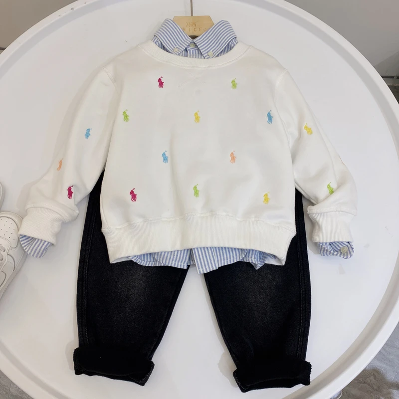 男女中性童装冬季儿童满绣一体绒卫衣加绒上衣外穿印花圆领长袖