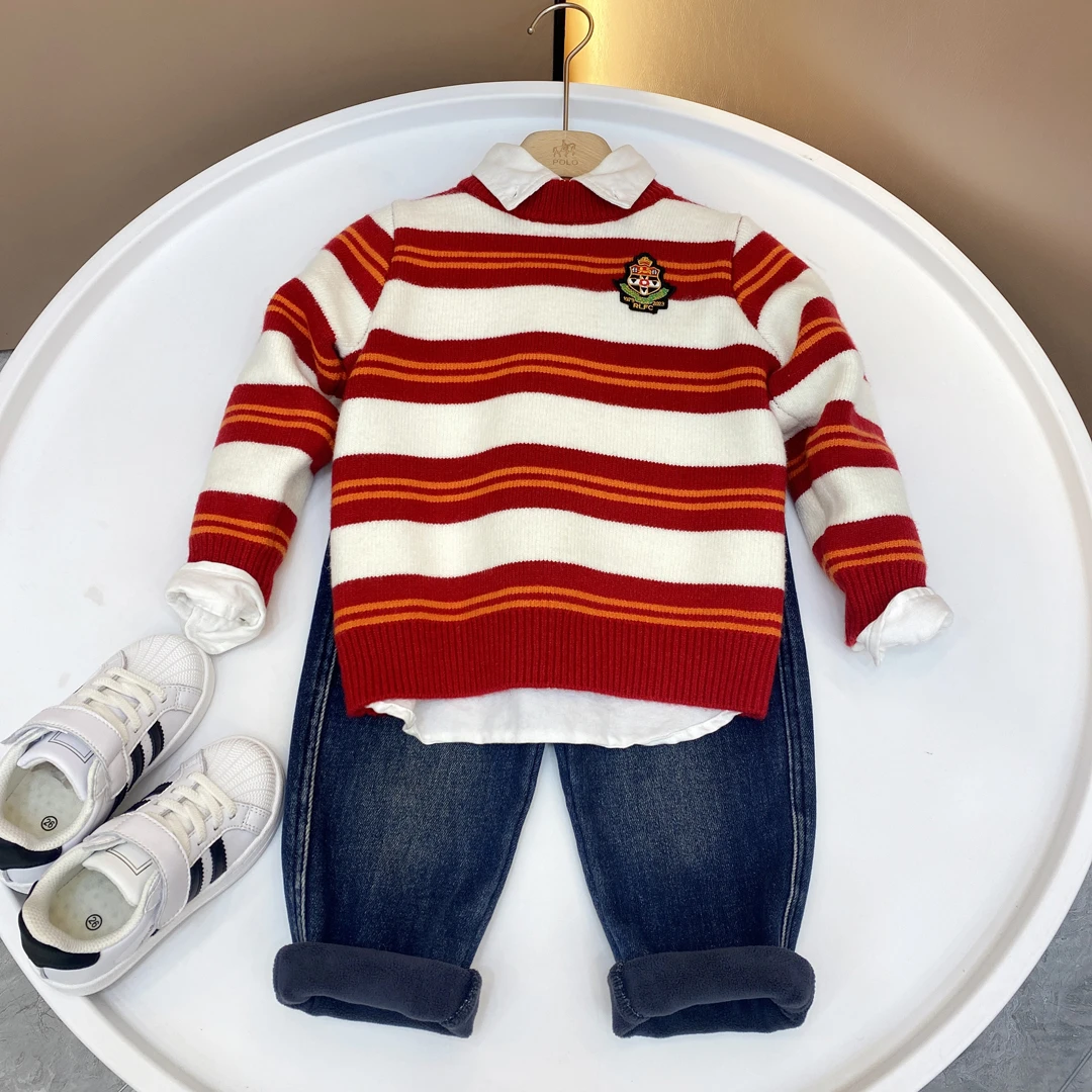 冬季儿童加绒圆领条纹毛衫休闲中大童保暖条纹红色针织衫长袖毛衣