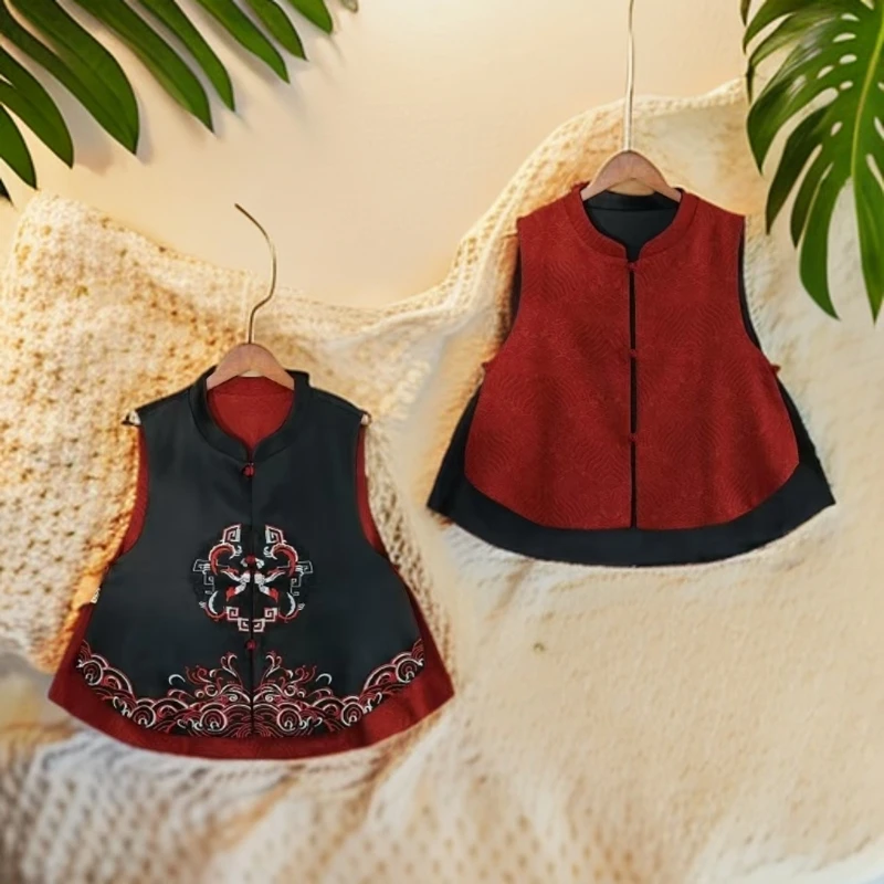 双面穿新中式国风马甲春秋新款复古立领绣花气质女装喜庆马夹外套