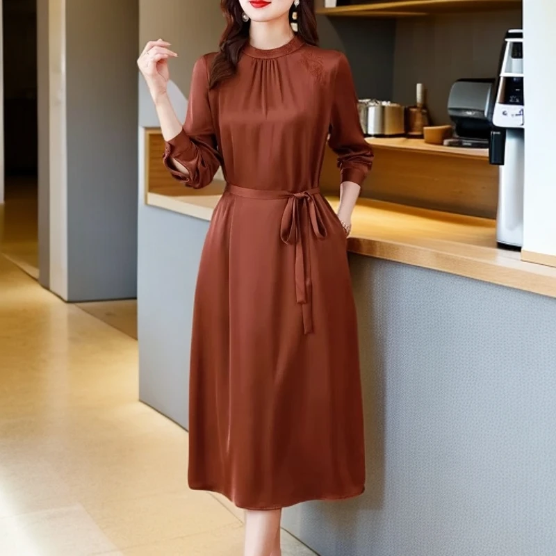 W007新中式国风中长款中式优雅连衣裙子复古收腰轻奢女装连衣裙子