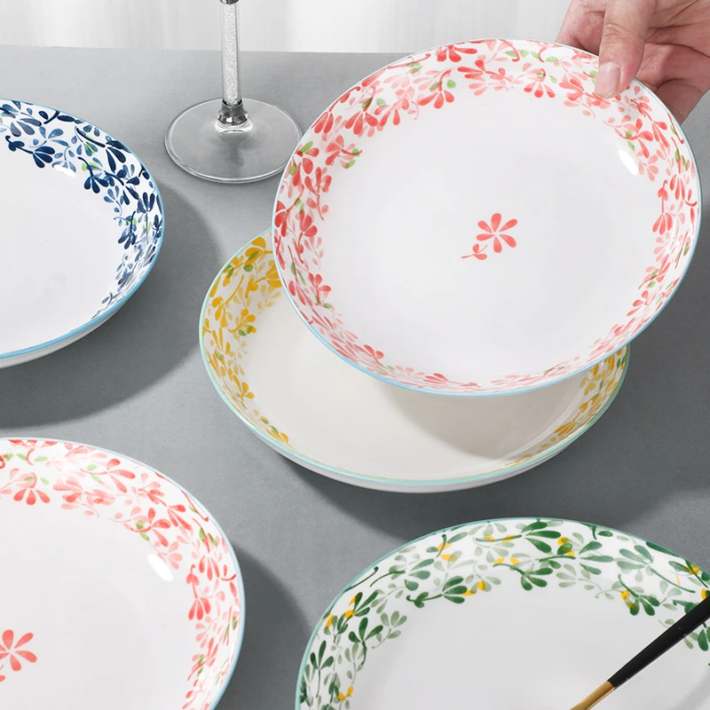 【6个装】四季繁花8英寸4色各一圆盘陶瓷家用餐具菜盘手绘手绘