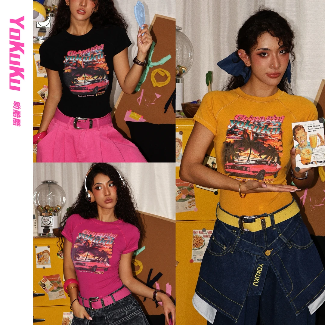 哟酷酷（沙滩派对）美式复古夏季上衣时尚印花修身显瘦百搭短袖T恤