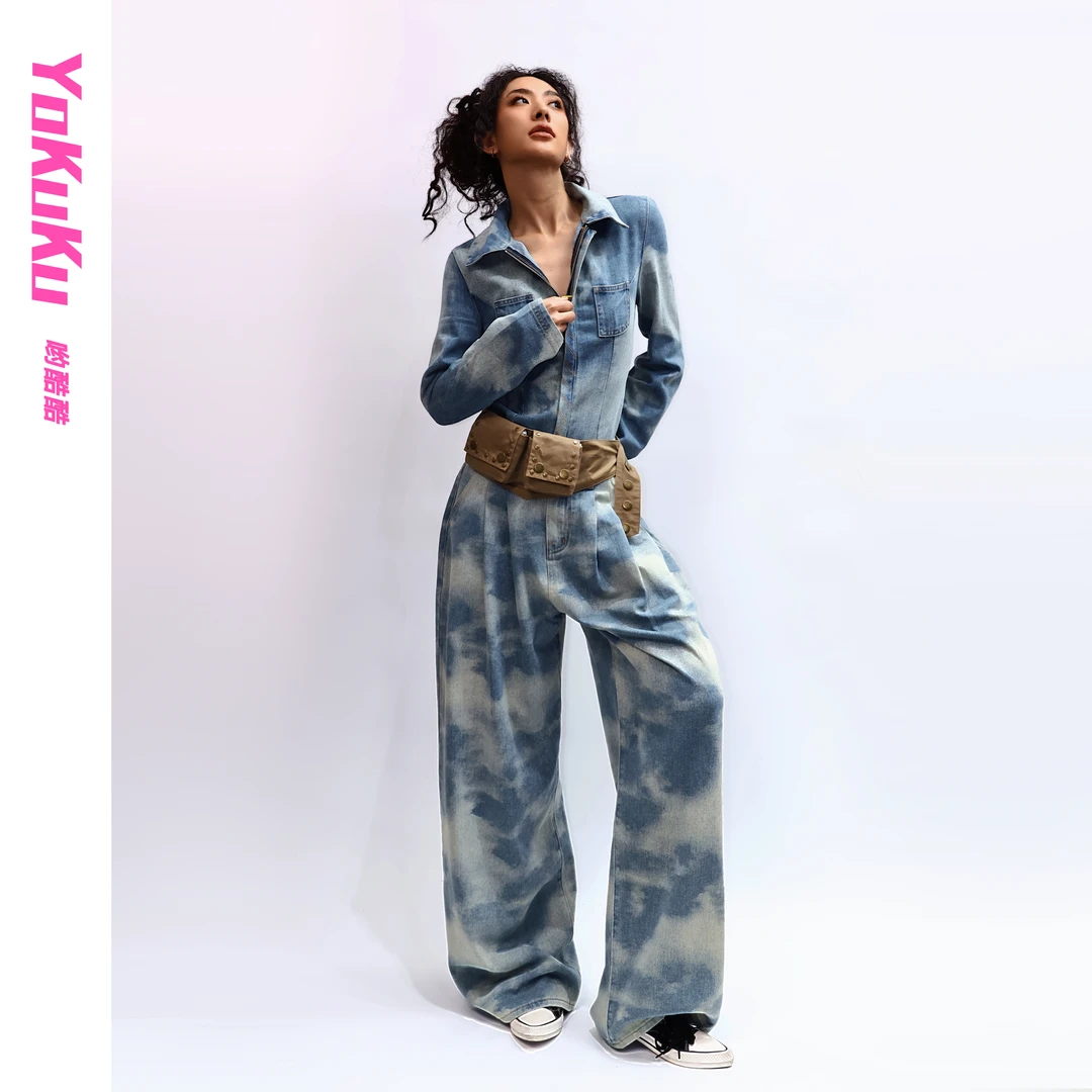 哟酷酷（拥抱云朵）原创设计复古做旧扎染云朵牛仔衬衫裤子套装