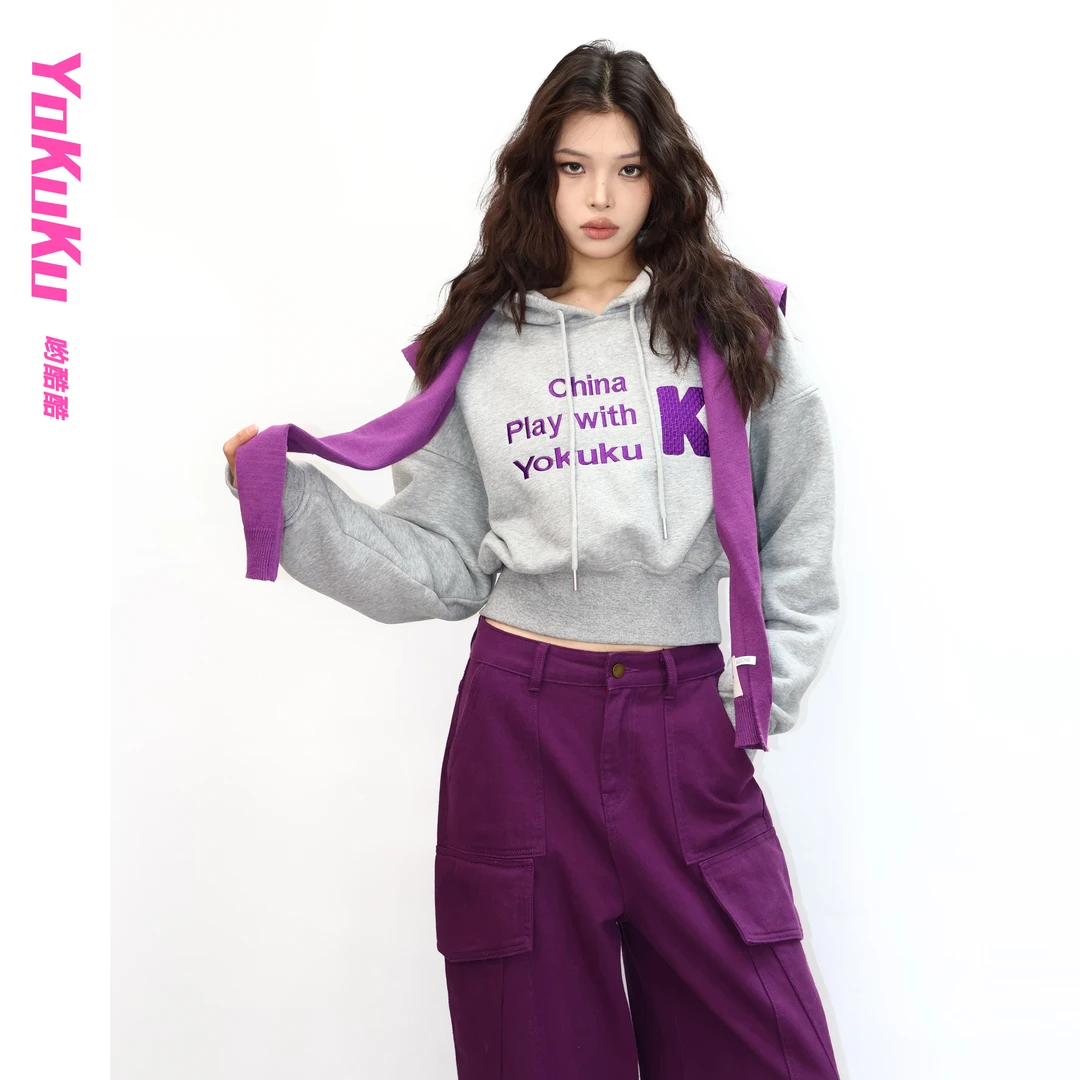哟酷酷（夜间模式）美式加绒保暖字母刺绣复古运动连帽接腰螺纹卫衣