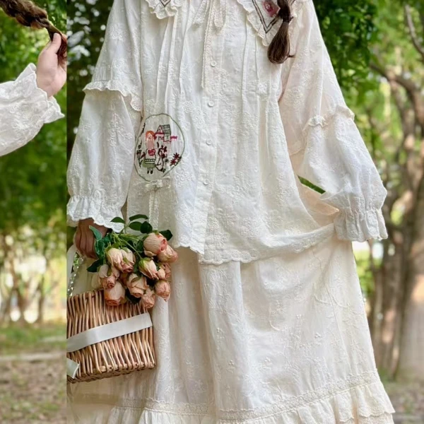 森女系衬衫半身裙甜美减龄长裙刺绣大领子裙子下摆层次女裙子