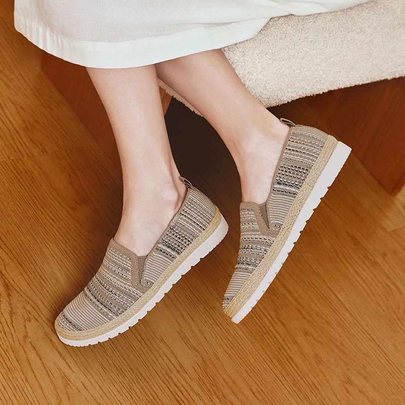 Skechers斯凯奇复古条纹渔夫鞋女2024新款一脚蹬浅口休闲鞋113982