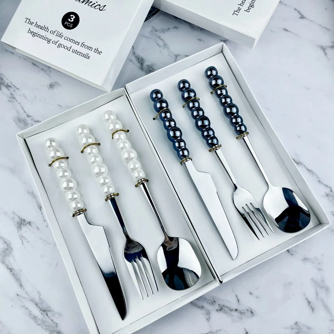 【出法国】法式轻奢风珍珠陶瓷柄304不锈钢刀叉勺高颜值餐具礼盒