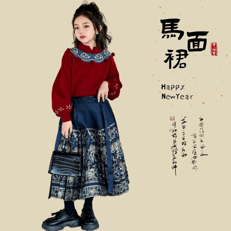 女童冬款汉服套装2023新款女孩红色古风唐装长版毛衣马面裙拜年服