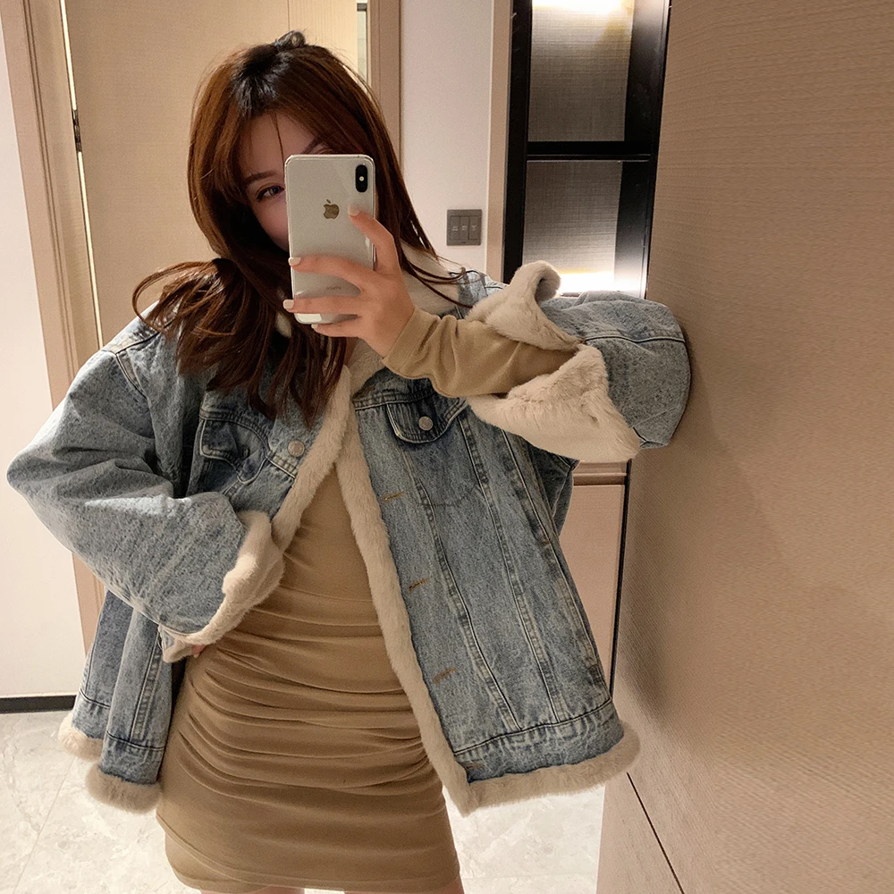 毛毛外套牛仔女冬季宽松显瘦休闲双面穿派克服加绒加厚棉服大衣