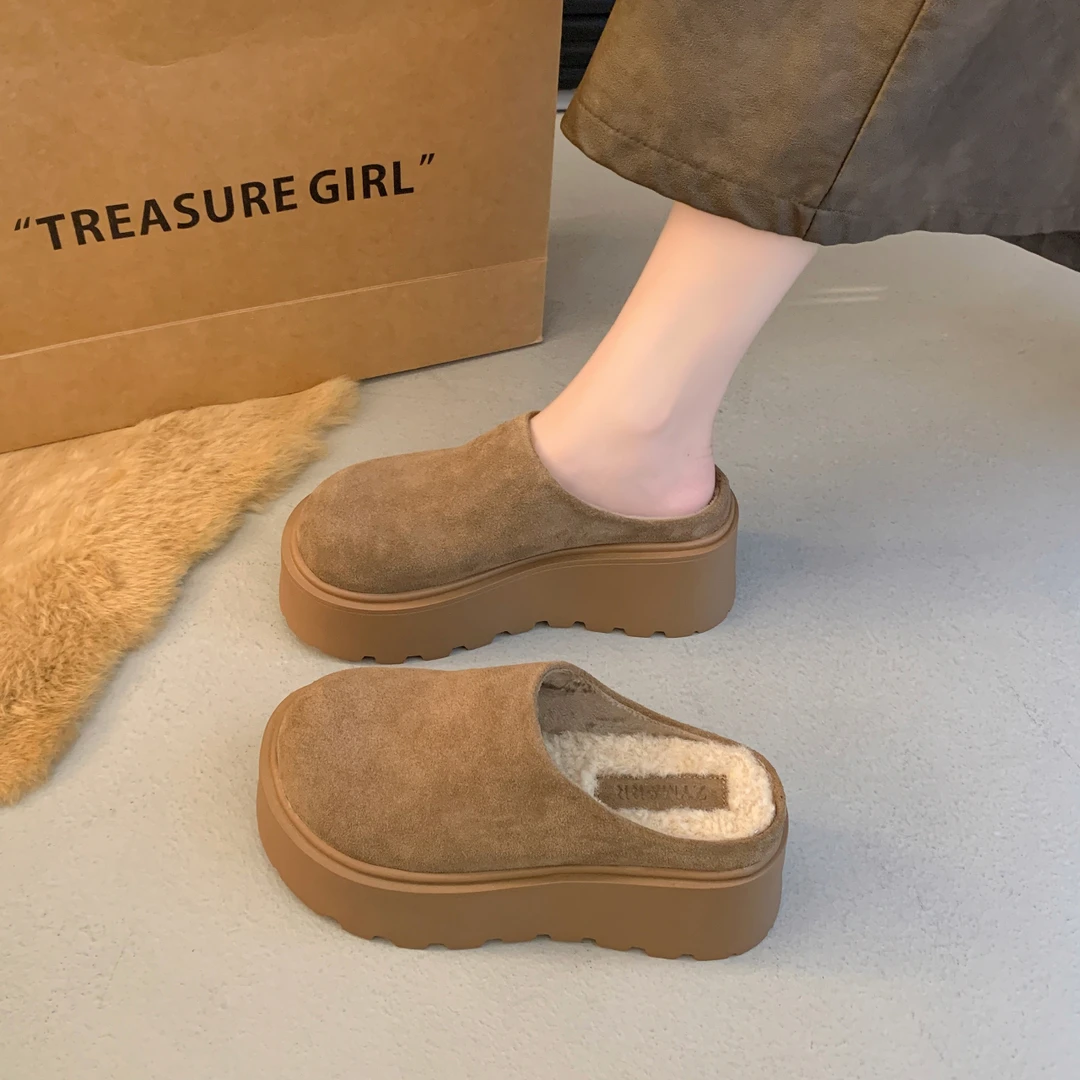 超火法式松糕加绒包头半拖鞋女2025新款秋冬小个子休闲懒人棉拖鞋