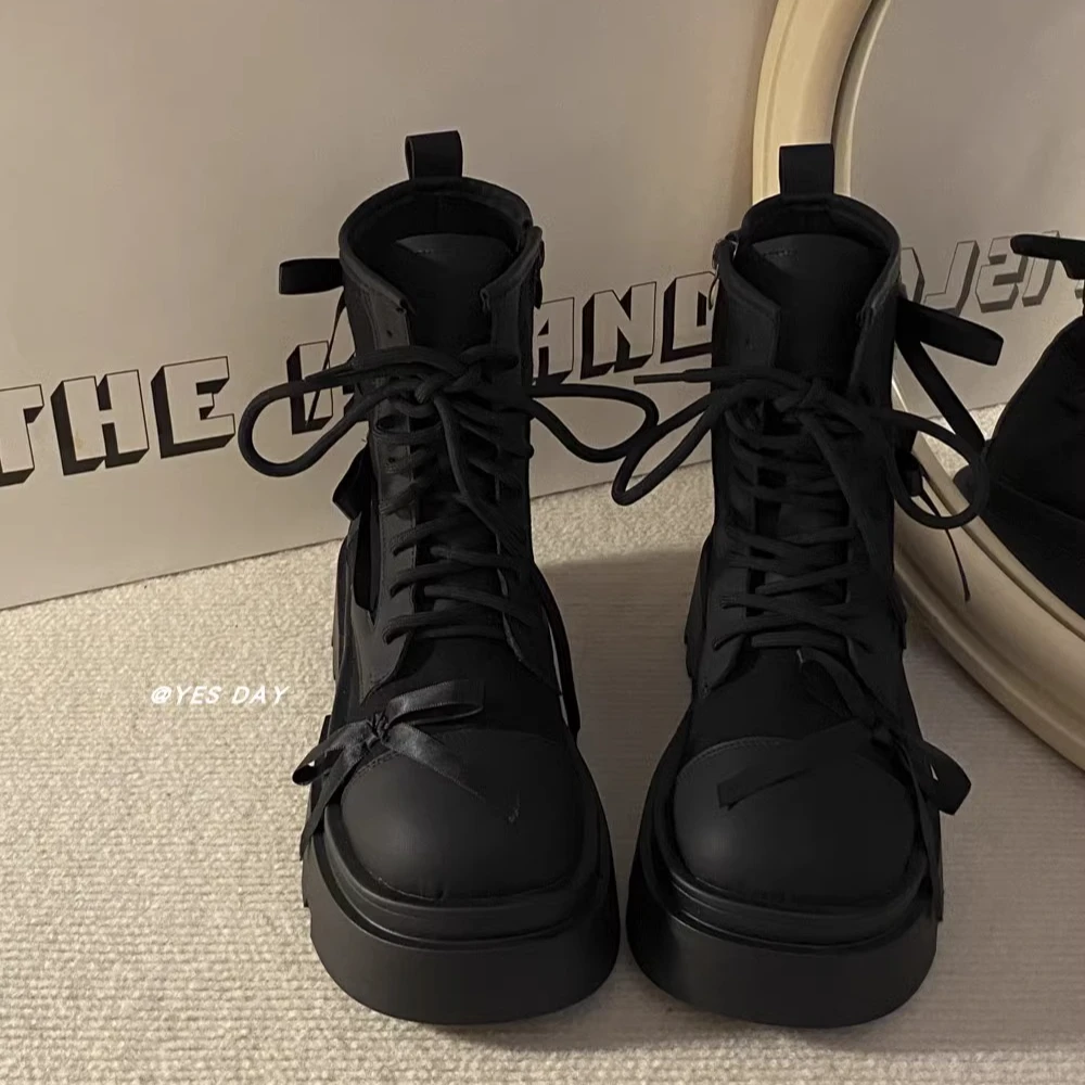 复古小众百搭圆头松糕厚底马丁靴女2025年春季新款蝴蝶结拼色短靴