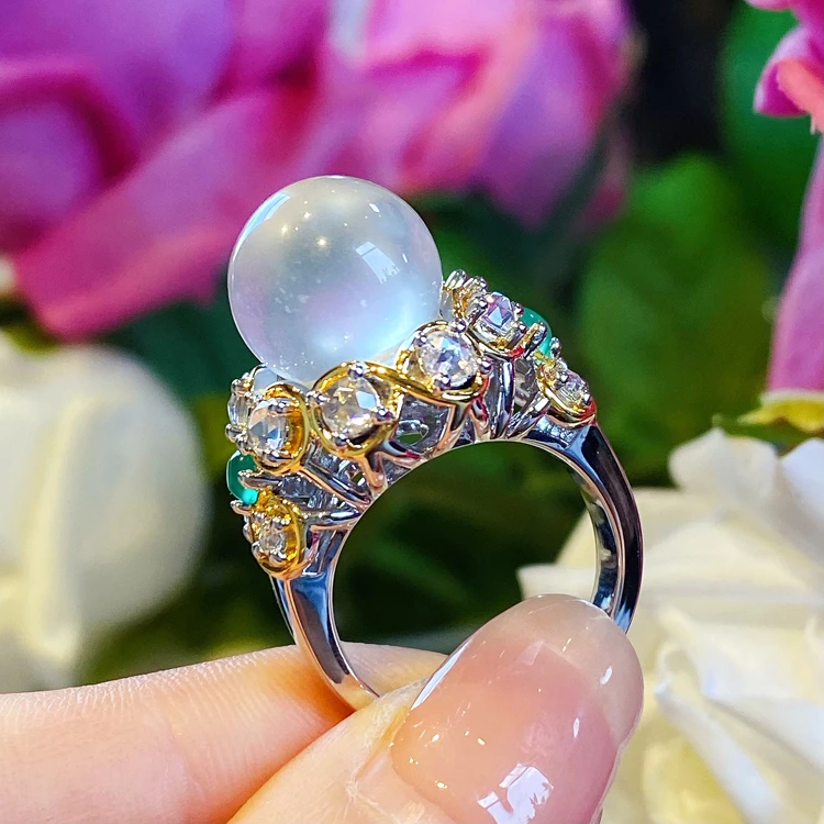 VISING珠宝天然石英质玉水沫夜明珠蛋面戒指花好月圆国风新中式