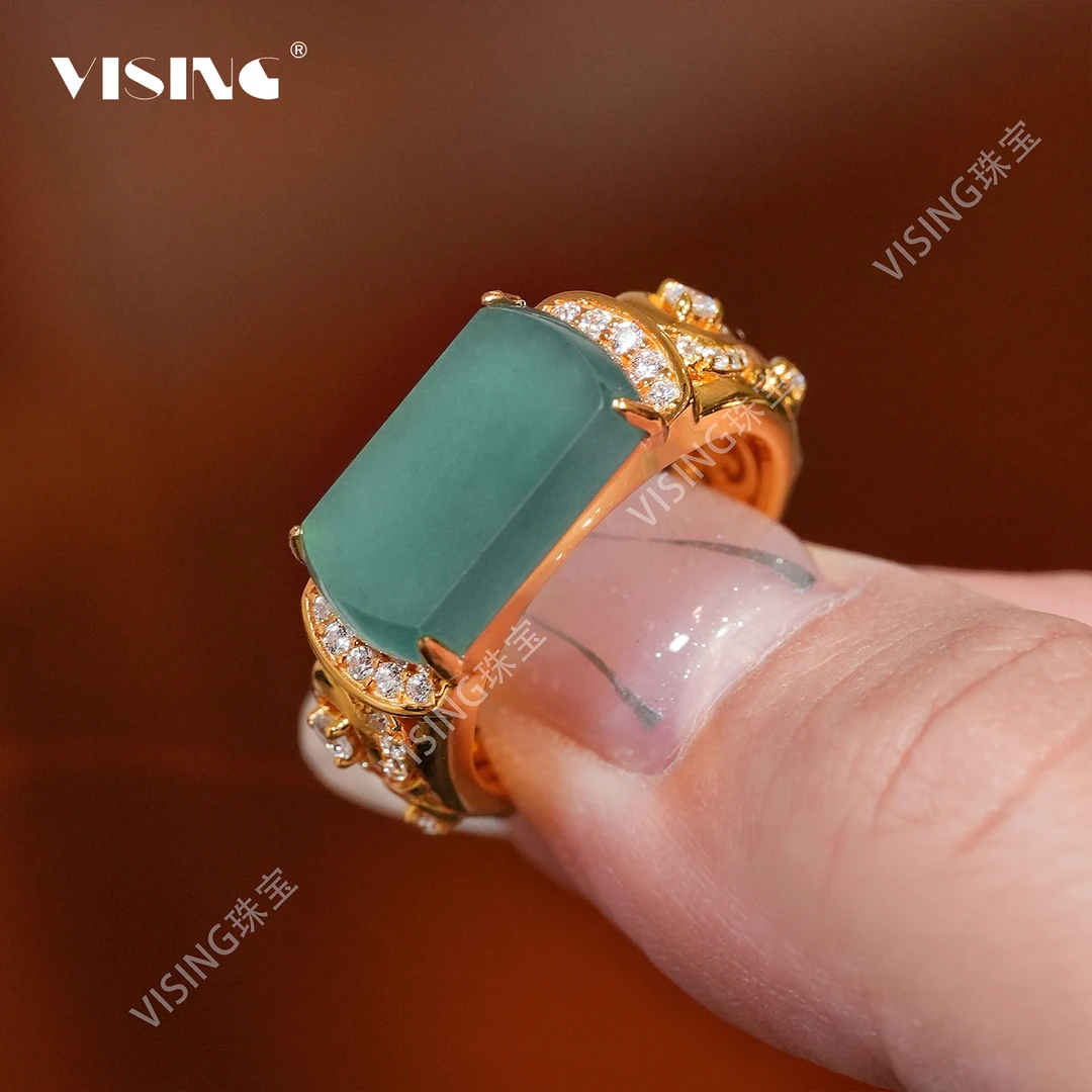 VISING天然A货冰种翡翠金色马鞍戒指手饰国风新中式饰品百搭