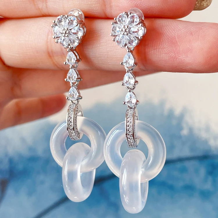 【福利】VISING珠宝天然白冰玉髓新款双环耳坠环环相扣  20220208B