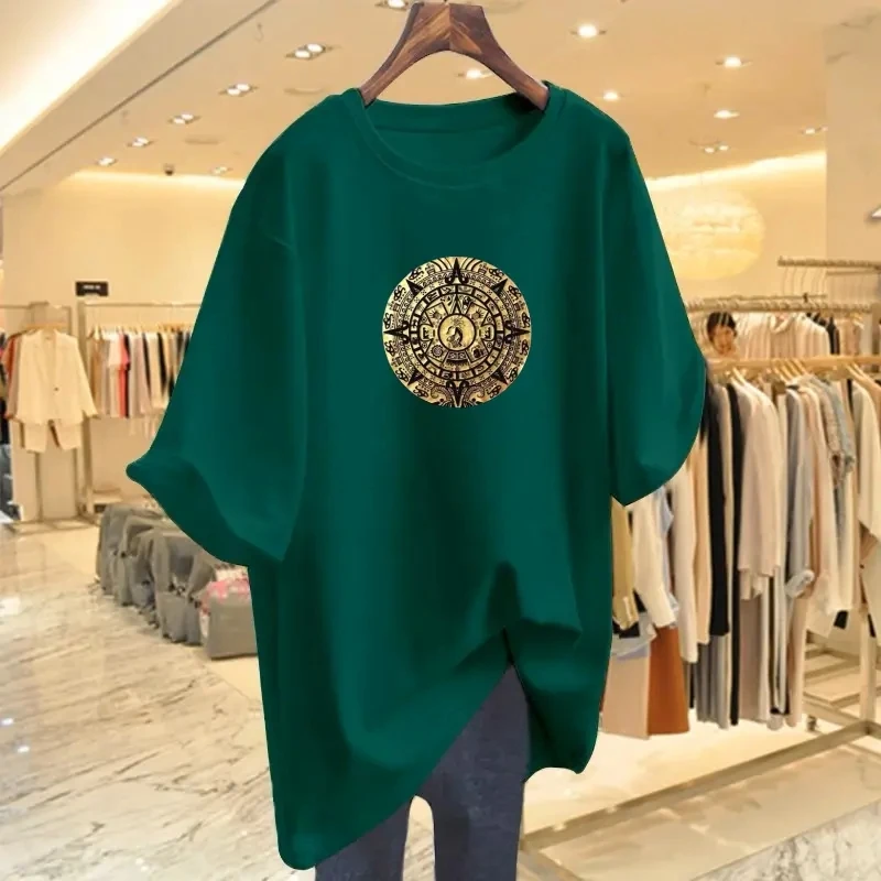 墨绿色t恤女短袖宽松2024新款潮牌夏季韩版纯棉中长款体恤上衣ins