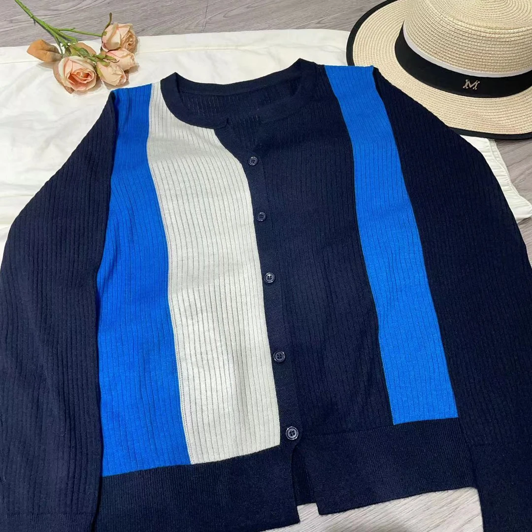 【蓝蓝白拼色针织开衫】3941新款洋气休闲网红显针织