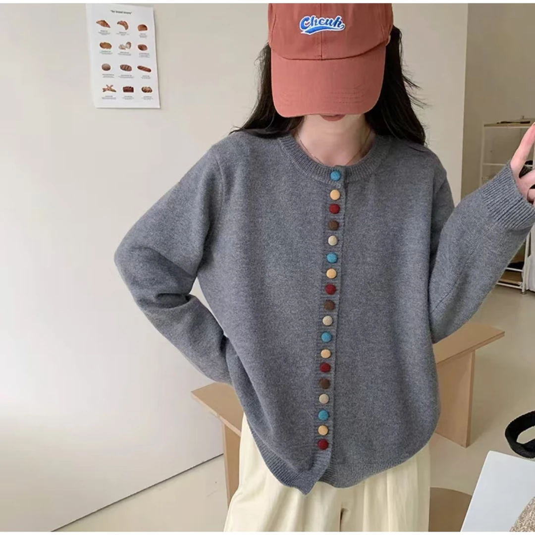 【灰红米色包裹彩色扣圆领毛衣开衫】6222秋冬气质百搭显瘦毛衣