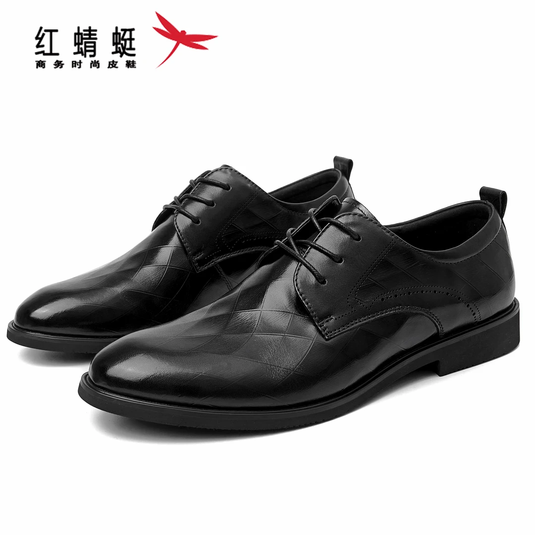 红蜻蜓冬季男鞋皮鞋新款牛皮商务男式鞋子正装休闲增高男士德比鞋
